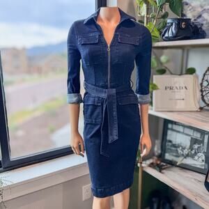 White House Black Market-Denim Zip Front Collared Dress-Pockets-Women's Size 2
